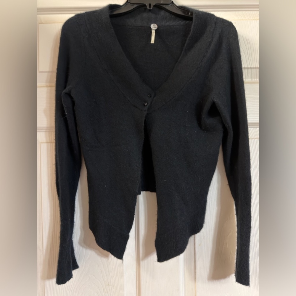 Free People $128 East Side Cashmere Blend Black Game On Button Up Cardigan‎ Sz M - Picture 2 of 6
